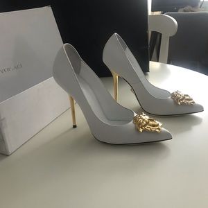 Versace White Pumps/ Gold Logo and Gold Heel